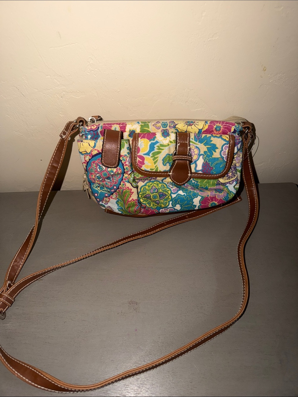 Rosetti Floral Crossbody Bag with Brown Trim